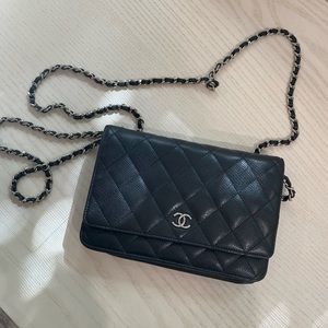 CHANEL black wallet on a chain crossbody bag